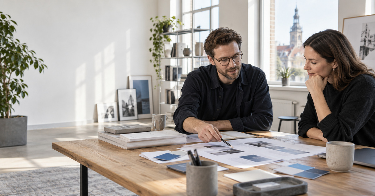 Zwei Personen besprechen Konzeptmaterial in einem hellen Studio